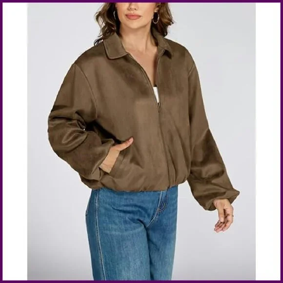 Faux Suede Cropped Bomber Jacket Women's Long Sleeve Zip Up Casual Outerwear